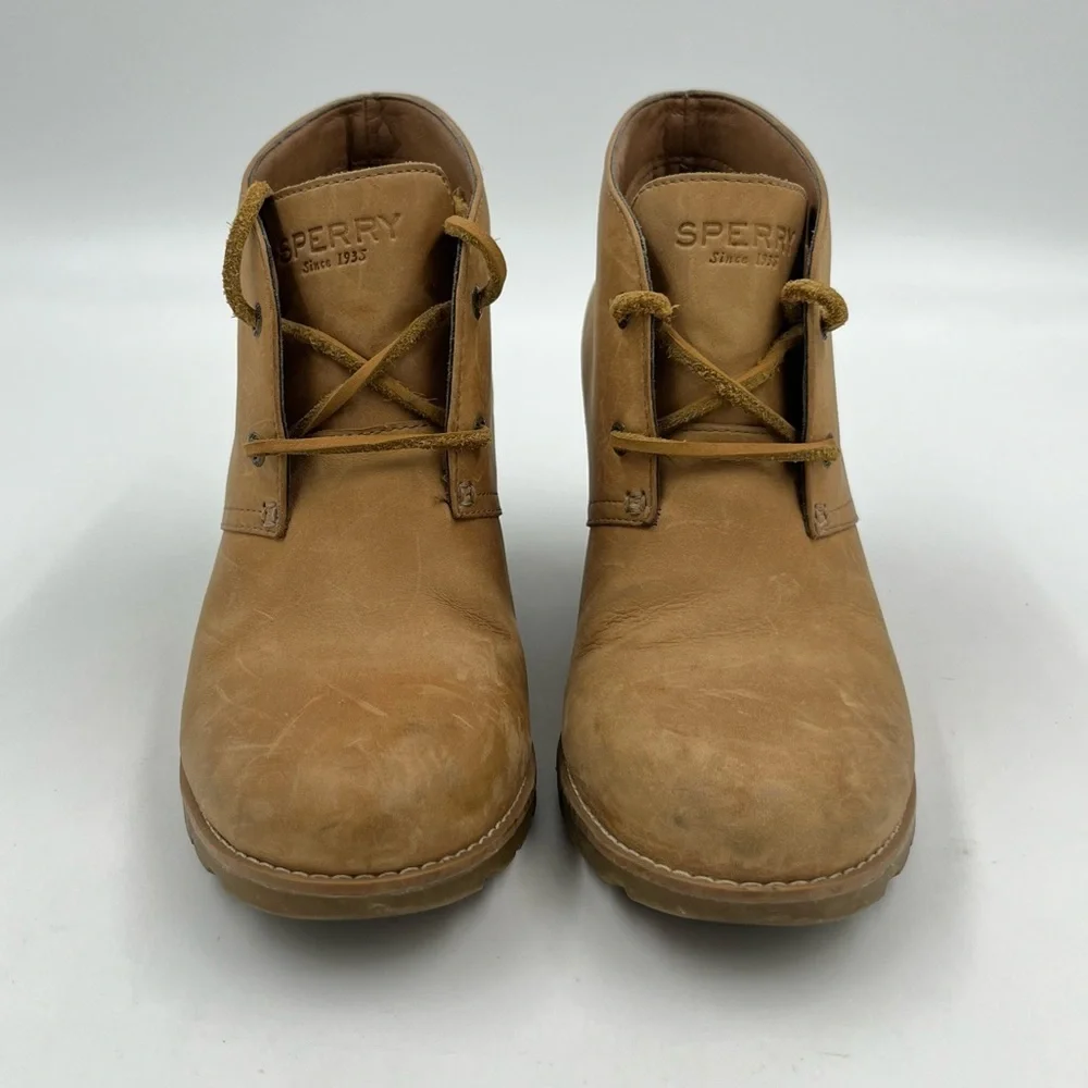 Sperry Tan Harlow Burnished Leather Ankle Wedge Boots Size 9